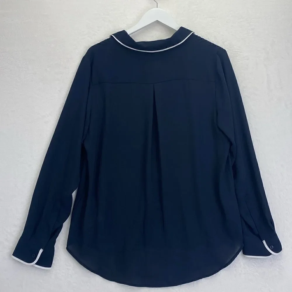 DKNY in Navy Blue blouse with white piping